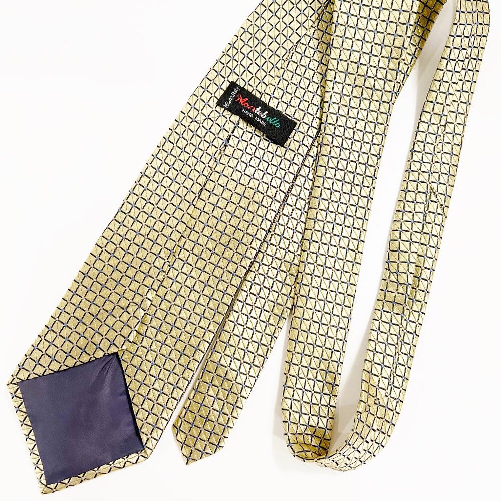 MONTEBELLO Made in Italy Hand Made Tie - Squares, Gold, Light Blue - Shimmer